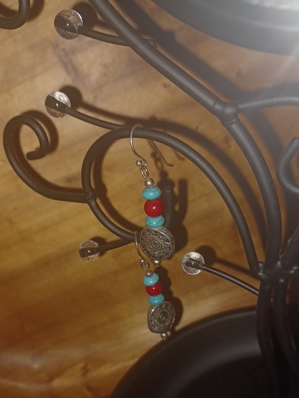 Southwestern Geometric Dangle Earrings 925 Sterling Silver Hooks Natural Stone